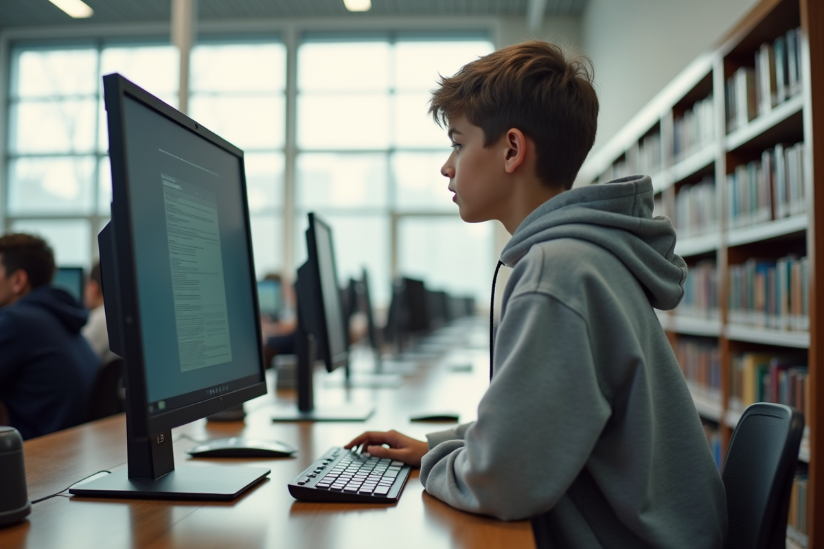 Adolescent au lycée regardant un écran anti-reflet