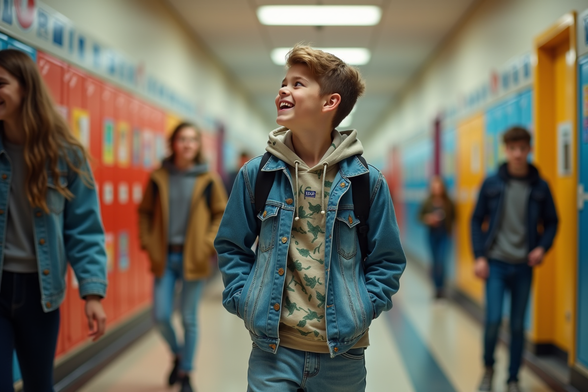 Ado lycéen souriant dans un couloir d