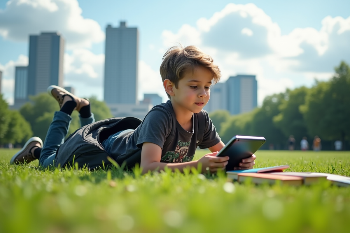 Adolescent dans un parc lisant une catalogue de science-fiction