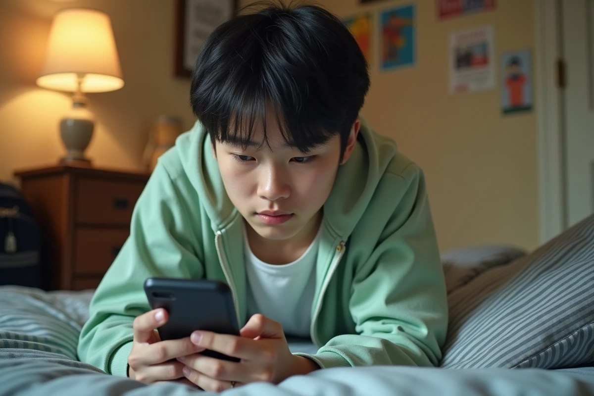Adolescent lisant un manga sur smartphone allongé sur son lit dans une chambre d'étudiant