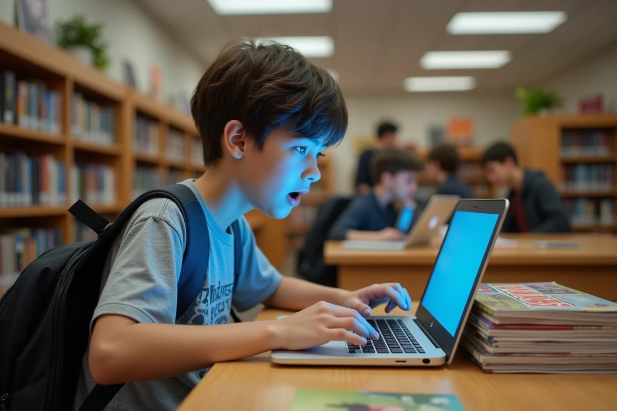 Adolescent consultant des scans de manga One Piece sur un ordinateur portable dans une bibliothèque scolaire