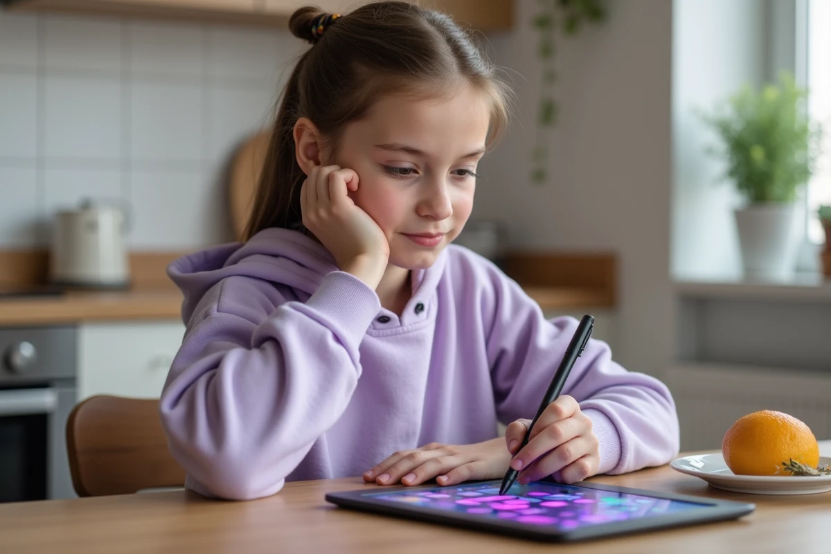 Adolescente créant un dessin pixel art sur tablette numérique dans une cuisine lumineuse, loisir créatif relaxant
