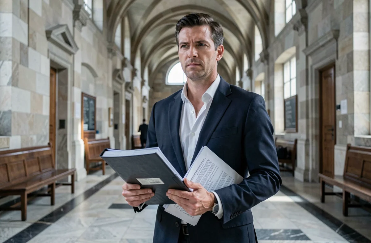 Alexandre Parra-Bruguière, avocat pénaliste à Toulouse, dans un couloir du Palais de Justice tenant un dossier