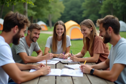 Quatre amis autour d'une table de pique-nique en camping