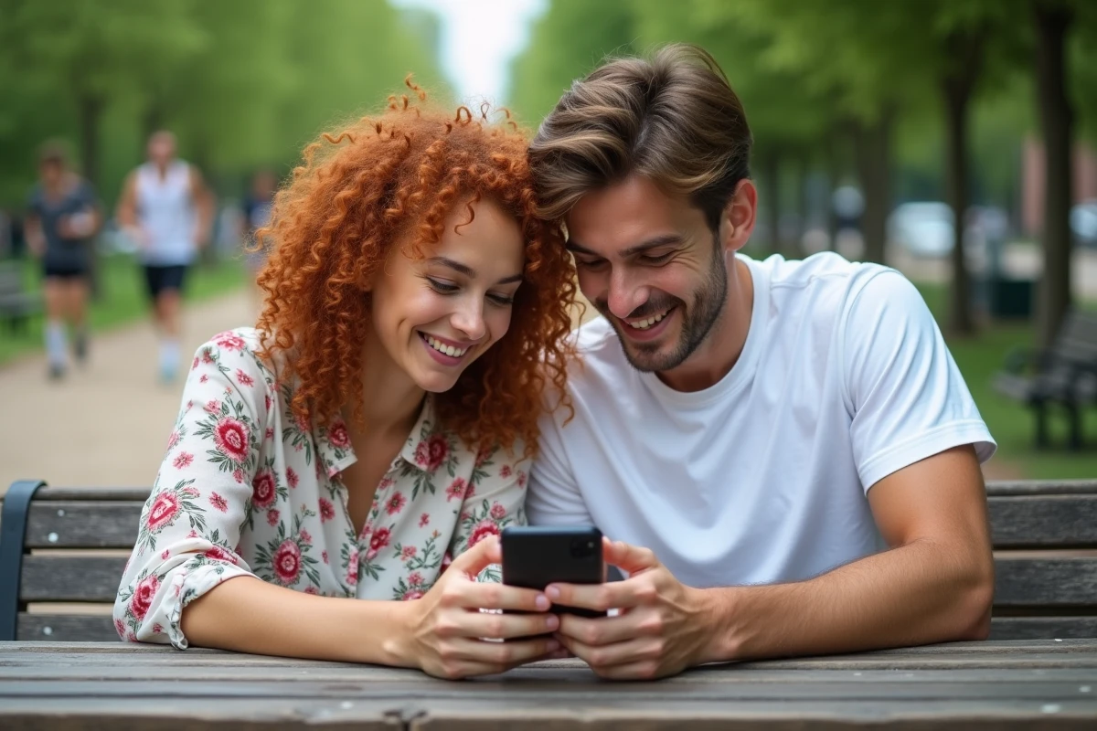Deux amis cherchant ensemble la solution en 6 lettres du jeu 4 Images 1 Mot sur smartphone dans un parc
