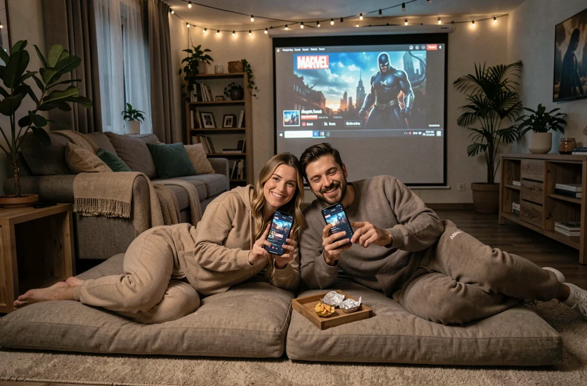 Deux amis consultant des applications de streaming Marvel allongés dans un salon cosy avec projecteur