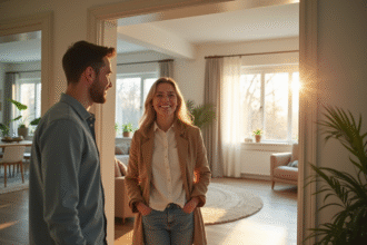 Jeune locataire accueillant un ami dans un salon lumineux et moderne