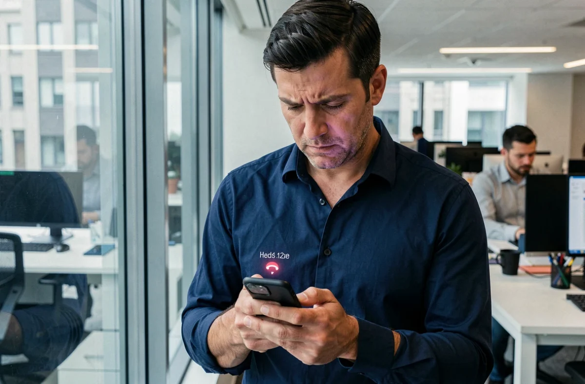 Homme en bureau regardant avec méfiance un appel entrant d'un numéro inconnu sur son téléphone, évoquant les appels indésirables répétés