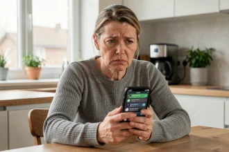 Femme tenant un smartphone avec des appels manqués répétés d'un numéro inconnu, illustrant le harcèlement téléphonique du 0483439934