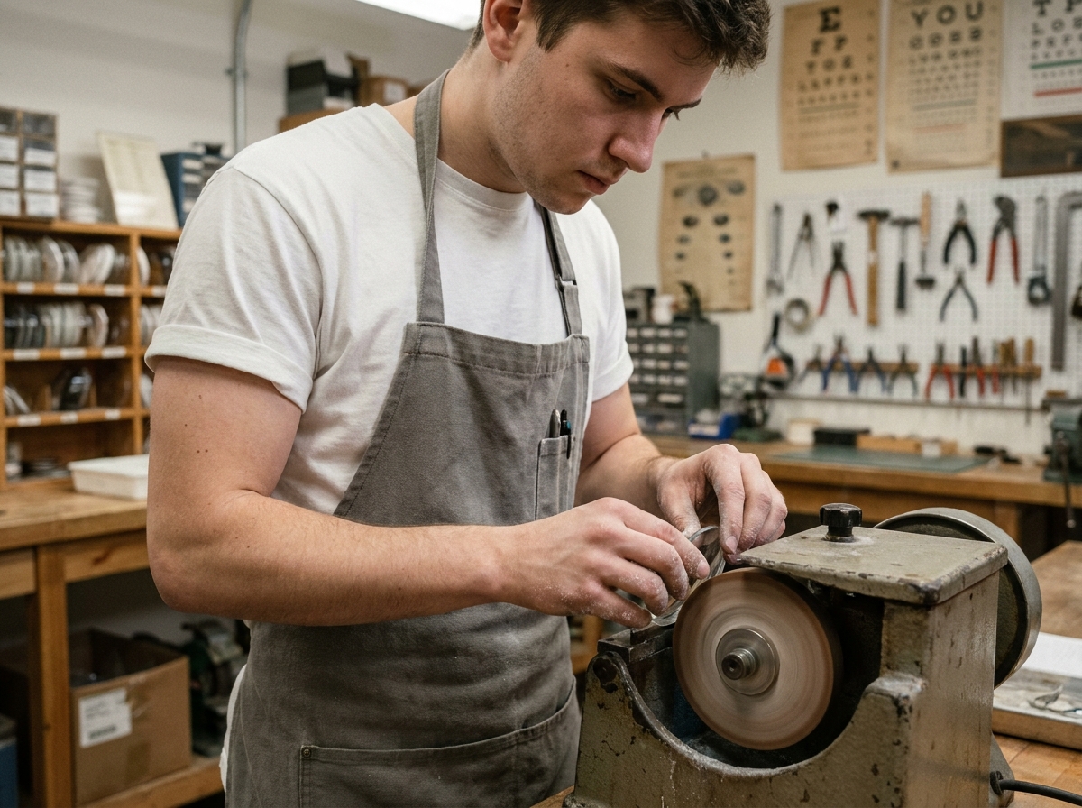 Apprenti opticien travaillant sur une machine à tailler les verres dans un atelier des Vosges