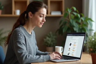 Femme consultant l'historique de commandes Amazon sur un ordinateur portable dans un bureau à domicile bien rangé