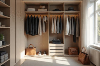 Armoire moderne organisée avec vêtements intemporels et accessoires