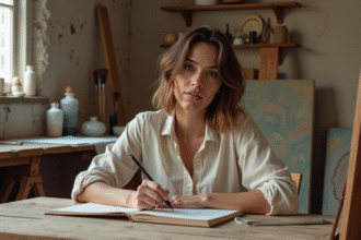 Femme méditerranéenne dessinant dans son atelier créatif