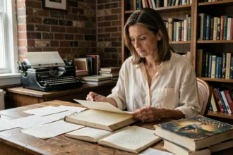 Auteure concentrée révisant la première de couverture de son livre à son bureau en bois couvert de notes manuscrites
