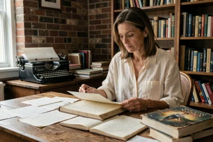 Auteure concentrée révisant la première de couverture de son livre à son bureau en bois couvert de notes manuscrites