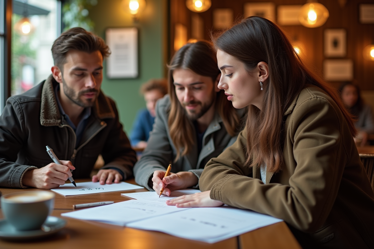 Deux amis discutant de grammaire dans un café chaleureux