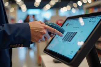 Caissier scannant un produit avec un code barre visible à l'écran
