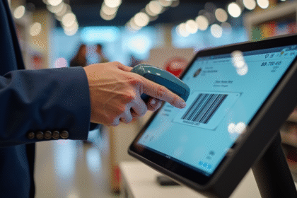 Caissier scannant un produit avec un code barre visible à l'écran