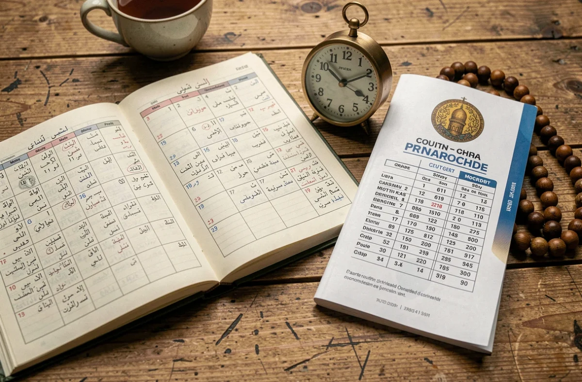 Calendrier islamique lunaire et calendrier de prière imprimé pour Orléans posés sur un bureau en bois avec une montre et un chapelet