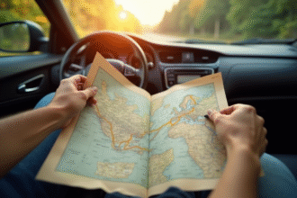 Carte routière classique sur le tableau de bord de voiture
