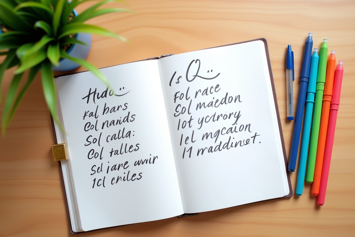 Notepad avec noms rares écrits à la main sur un bureau en bois