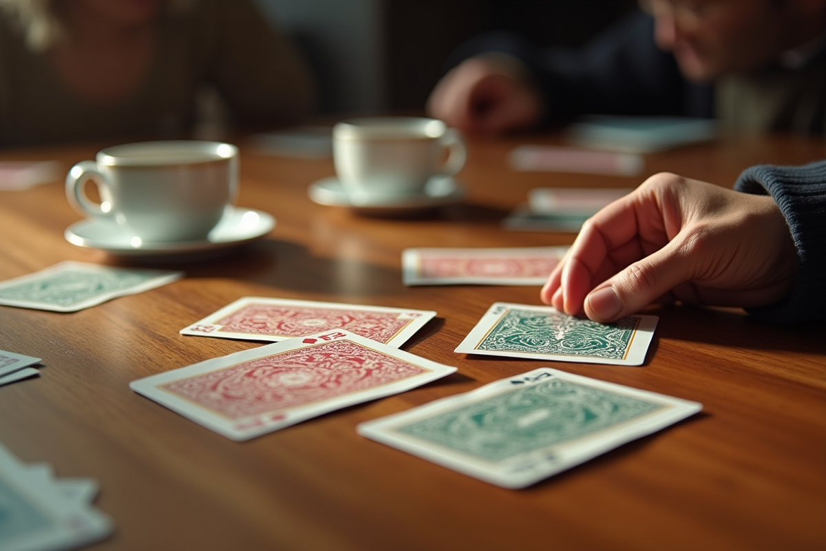 Cartes Mille Bornes sur une table en bois avec une main hésitante