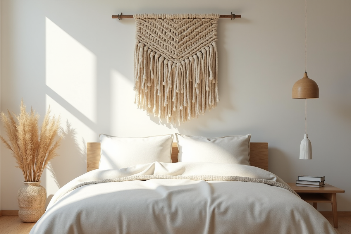 Chambre lumineuse avec une décoration murale en laine chenille