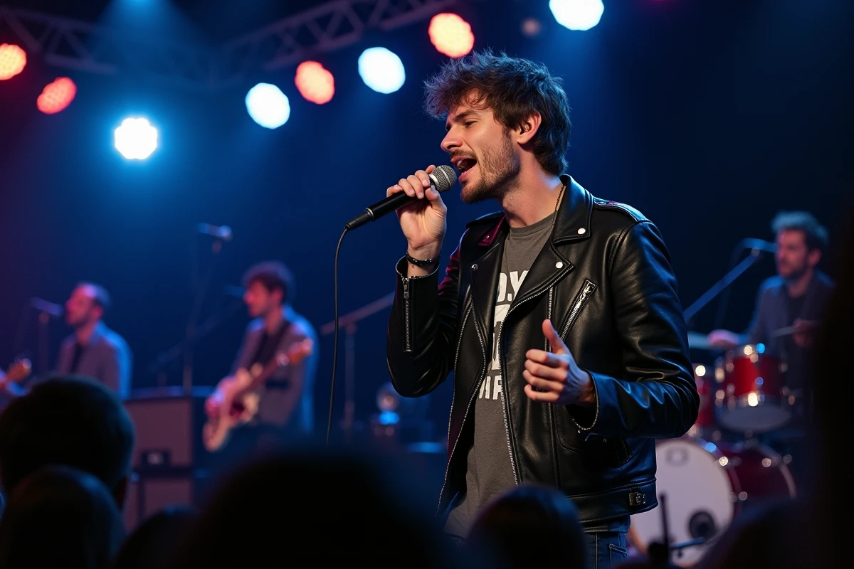 Chanteur de rock français sur scène dans un petit club parisien en pleine performance live