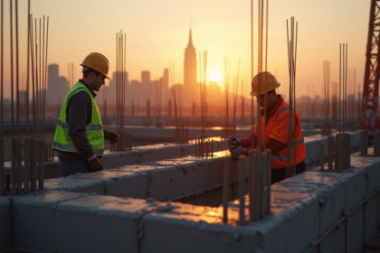 Chantier de construction au lever du soleil avec ouvriers et fond urbain