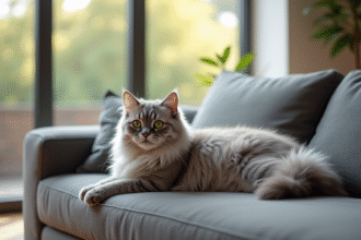 Chat persan chinchilla sur un canapé lumineux