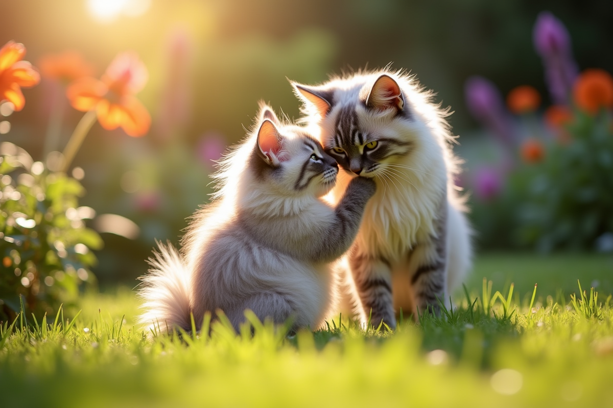 Chat persan chinchilla jouant avec un enfant dans le jardin