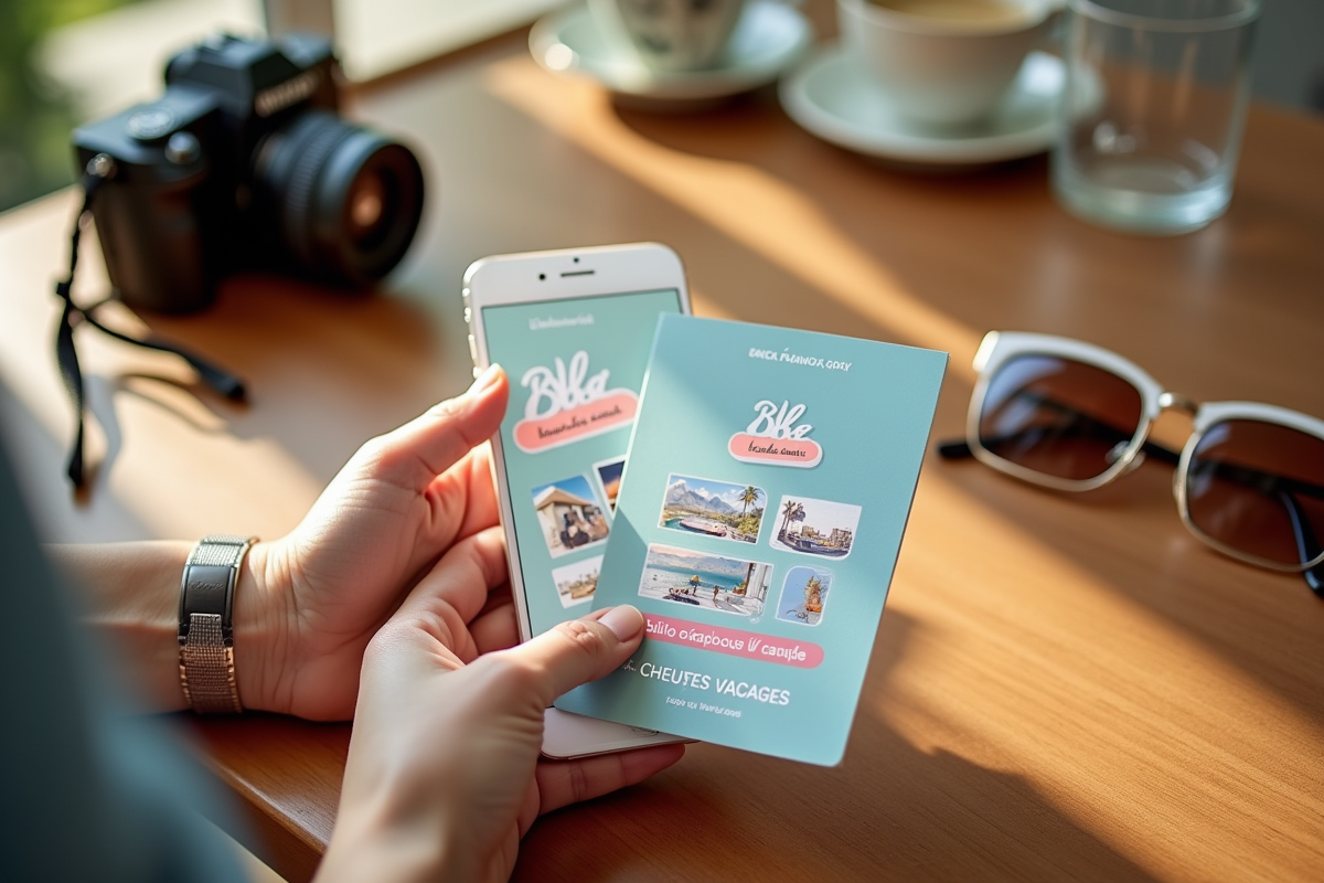 Main tenant un chéquier vacances avec smartphone et accessoires