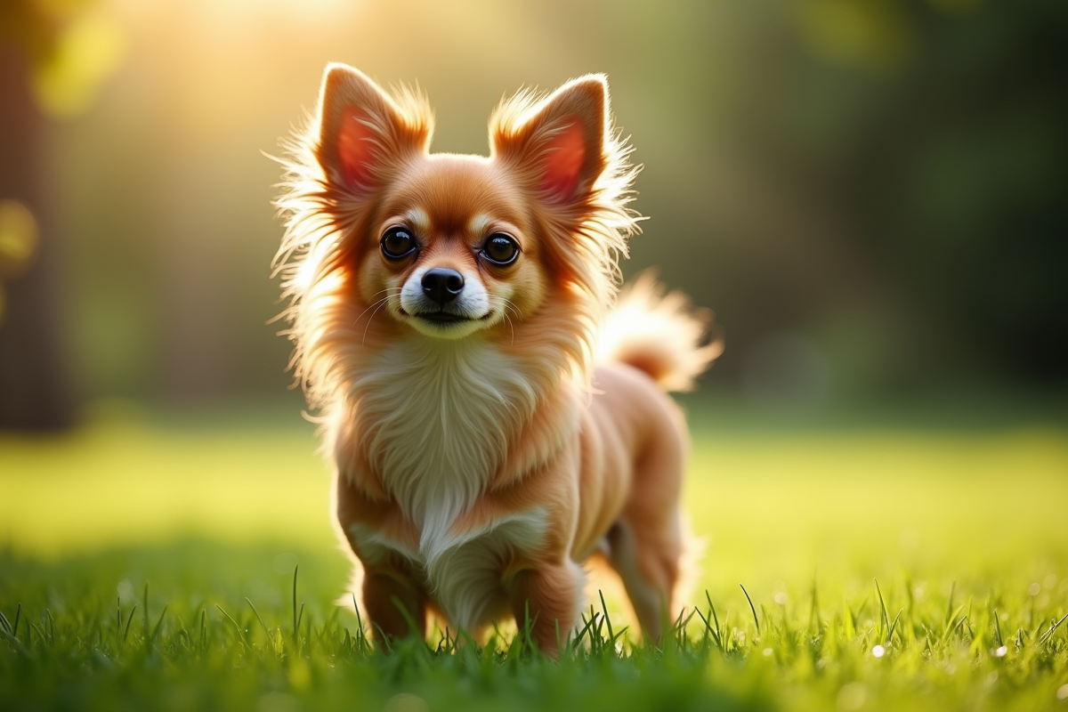 Chihuahua long poil debout dans un jardin ensoleille au matin