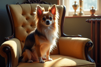 Chihuahua à longue poil assis sur un fauteuil ancien dans une pièce lumineuse