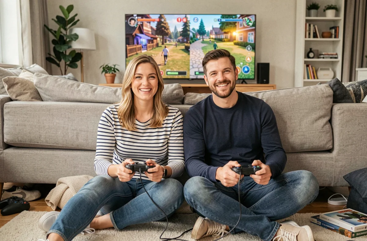 Deux amis jouant en coopération locale sur un jeu vidéo en écran partagé, questionnant le rapport qualité-prix et la durée de vie d'un jeu comme Split Fiction