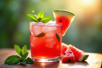 Cocktail rafraichissant à la pastèque avec glaçons et menthe