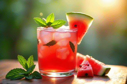 Cocktail rafraichissant à la pastèque avec glaçons et menthe