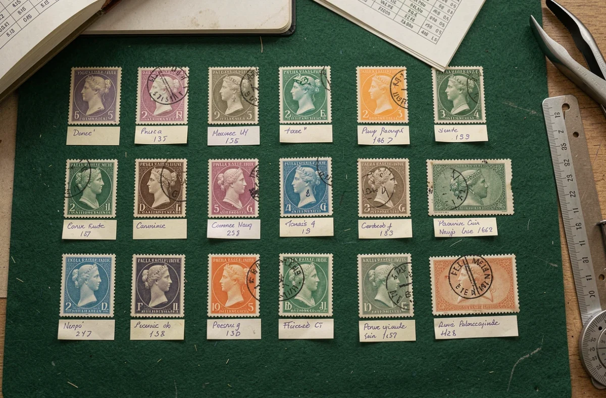 Collection de timbres rares et anciens français disposés sur du feutre vert avec étiquettes d'identification