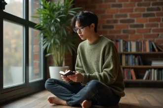 Jeune adulte androgyne assis sur un plancher en bois, tenant un carnet de notes, dans une ambiance introspective évoquant le questionnement identitaire et le coming out bisexuel