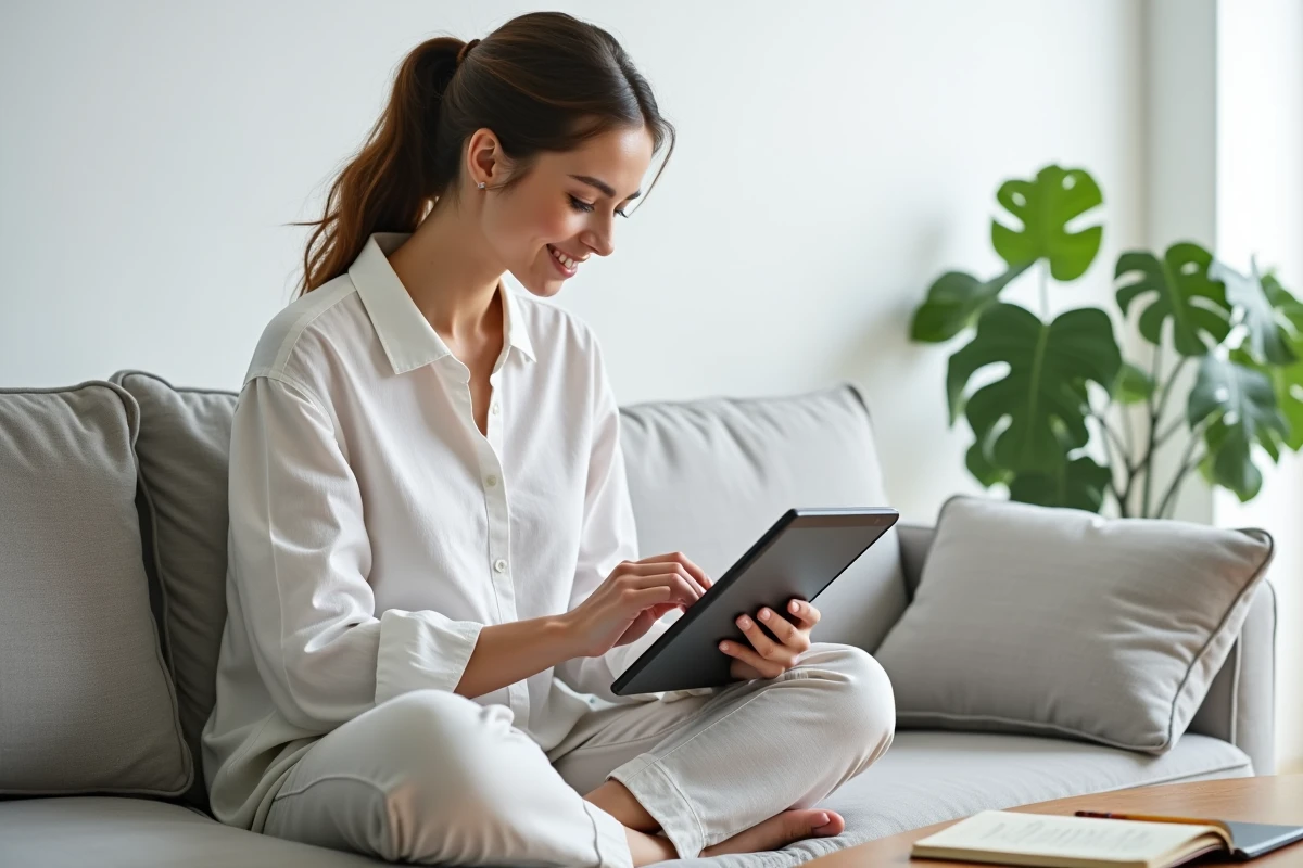 Jeune femme consultant les commandes archivées Amazon sur une tablette dans un salon minimaliste avec carnet de notes