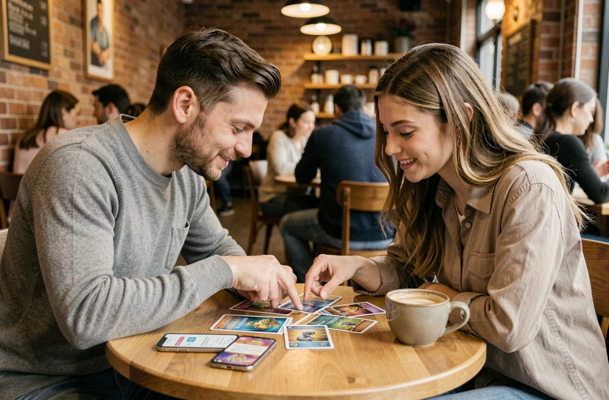 Deux collectionneurs comparant des cartes Pokémon Aventure Ensemble dans un café pour identifier les pépites