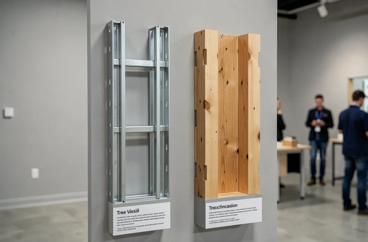 Comparaison côte à côte entre un franchassis métallique et une ossature bois traditionnelle en showroom