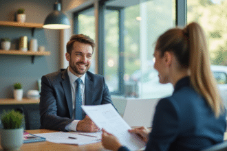 Conseiller bancaire souriant dans une agence lumineuse
