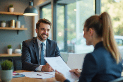 Conseiller bancaire souriant dans une agence lumineuse