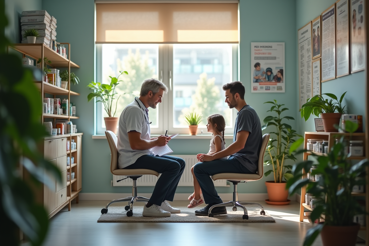 Pharmacien donnant une consultation santé à un père et sa fille dans une salle cosy