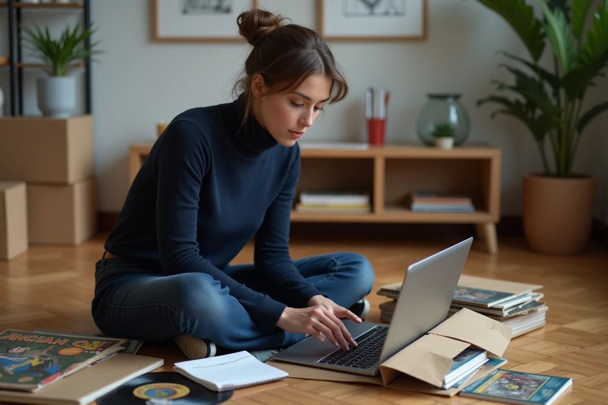 Jeune femme consultant les résultats de ventes Delcampe pour estimer des objets de collection chez elle