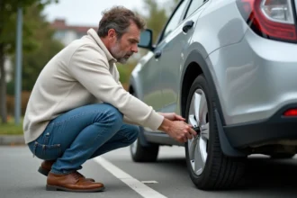 Homme vérifiant la pression des pneus d'une voiture en extérieur