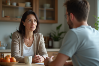 Femme et son fils en discussion sérieuse dans la cuisine