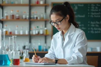 Femme en blouse blanche effectuant des conversions de litres en cm3 dans un laboratoire avec des éprouvettes graduées