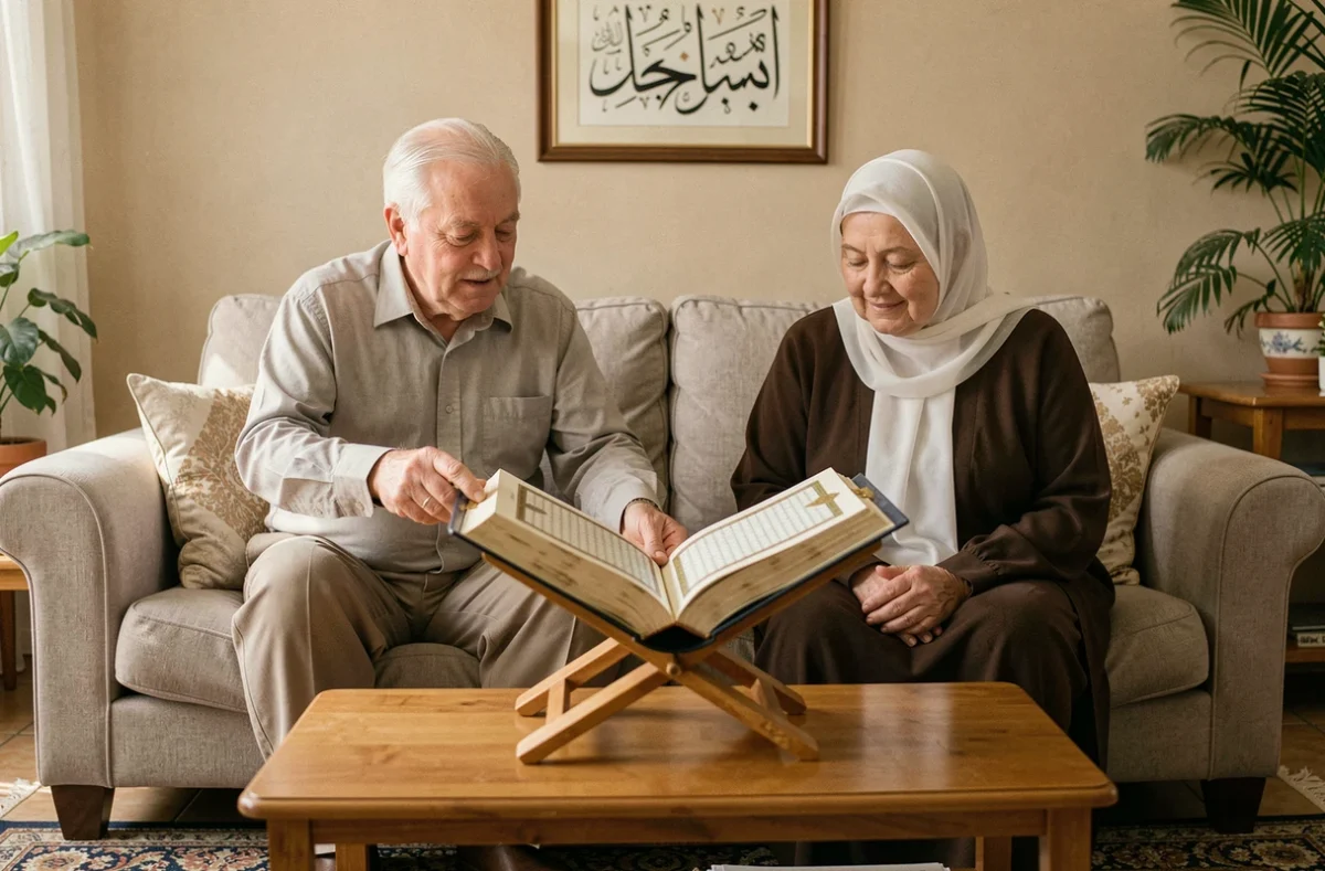 Couple de personnes âgées récitant ensemble les derniers versets de la sourate Al-Baqara pour protéger leur foyer